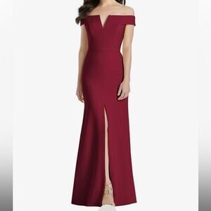 Dessy Collection NWT Off Shoulder Notch Trumpet Front Slit Burgundy Gown Size 0